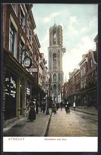 AK Utrecht, Zadelstraat met Dom, Gasthaus Bock Halle, Blick zum Dom