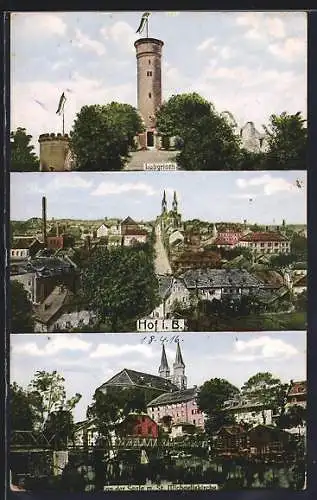 AK Hof i. B., Labyrinth, Saalepartie mit St. Michaeliskirche und Totalansicht