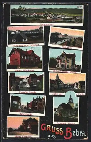 AK Bebra, Neues Schulhaus, Totalansicht aus der Vogelschau, Bahnhof