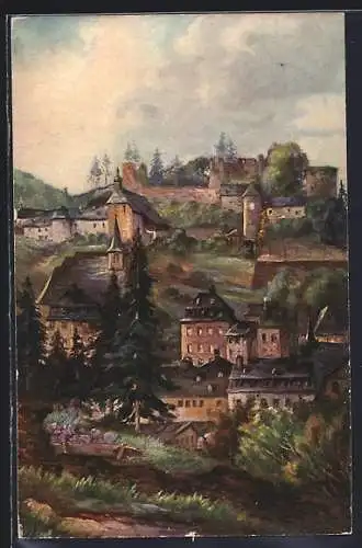 Künstler-AK Montjoie / Eifel, Blick auf Schlossruine und Kloster