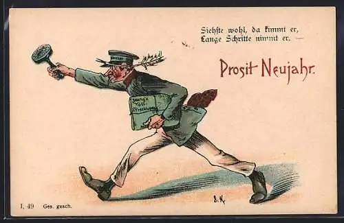 Künstler-AK Bote bringt Zwangsvollstreckungs-Unterlagen, Neujahrskarte