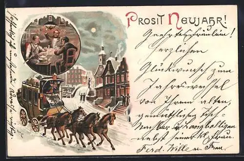 Lithographie Männer beim Kartenspiel, Postkutsche fährt in die Stadt, Neujahrskarte