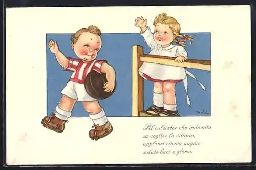 AK Knabe mit dem Fussball, Zuschauerin jubelt ihm zu