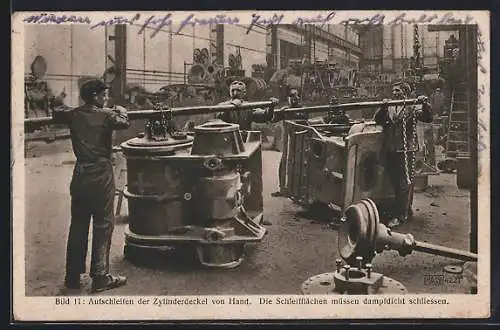 AK Hannover-Linden, HANOMAG-Fabrik, Herstellung eines Lokomotiv-Dampfzylinders - Aufschleifen der Zylinderdeckel