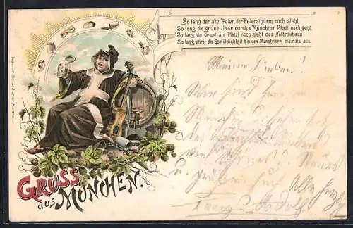 Lithographie München, Das Münchner Kindl an einem Bierfass