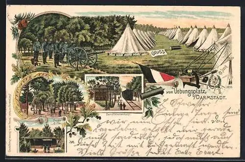 Lithographie Darmstadt, Übungsplatz, Zeltlager, Dampfstrassenbahn, Artilleristen mit Kanone