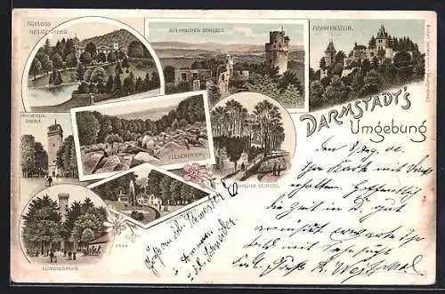 Lithographie Darmstadt, Fürstenlager, Ludwigshöhe, Alsbacher Schloss, Felsenmeer