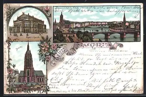 Lithographie Frankfurt a. M., Opernhaus, Dom und Flusspartie
