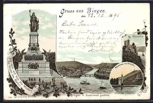 Lithographie Bingen / Rhein, Rheinstein, Mäusethurm und Ehrenfels