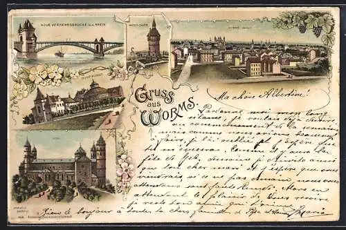 Lithographie Worms, Festspielhaus, Neue Verkehrsbrücke und Dom