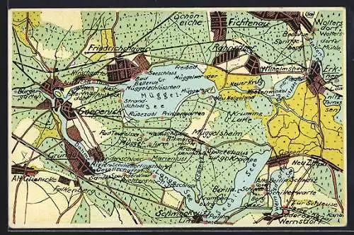 AK Köpenick, Landkarte der Umgebung mit Grünau, Fichtenau, Woltersdorf