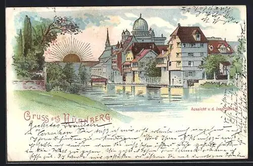 Sonnenschein-AK Nürnberg, Blick v. d. Insel Schütt mit Synagoge