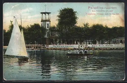 AK Berlin-Treptow, Blick auf das Gasthaus Paradies-Garten vom Wasser aus