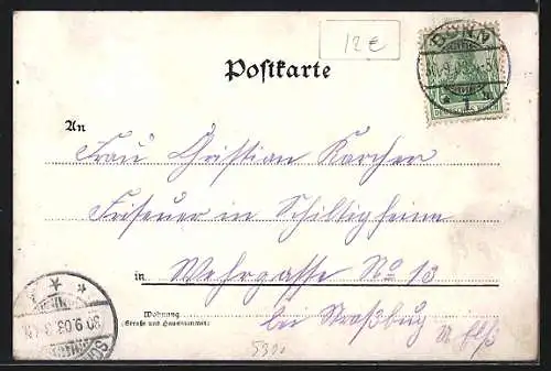 Lithographie Bonn, Leute vor einem Brunnen, Protest. Kirche, Spruch