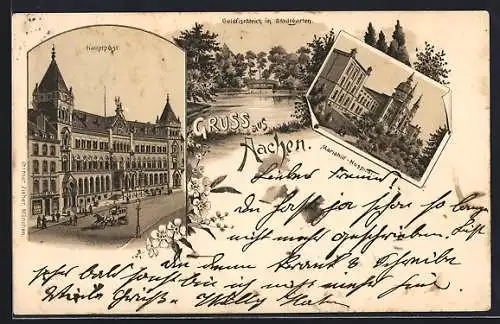 Lithographie Aachen, Hauptpost, Goldfischteich im Stadtgarten, Mariahilf-Hospital