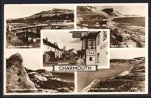 AK Charmouth, High Street with George Hotel, Bridge over River Char, Golden Cap