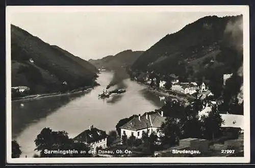 AK Sarmingstein an der Donau, Flusspartie mit Dampfschiff