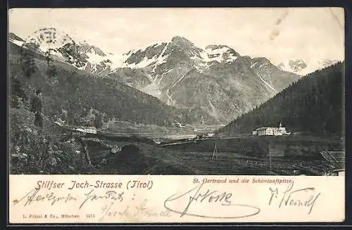 AK St. Gertraud an der Stilfser Joch-Strasse, Ortsansicht mit Blick auf die Schöntaufspitze