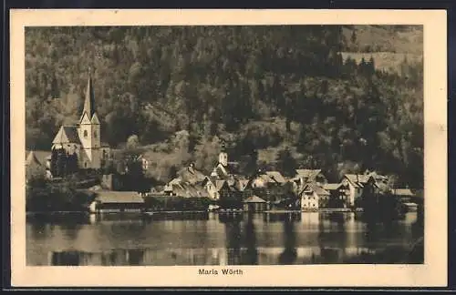 AK Maria Wörth, Ortsansicht mit Kirche vom Wasser aus
