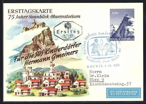 AK Rauris, Das Sonnblick-Observatorium, Ersttagskarte für die SOS-Kinderdörfer Hermann Gmeiners