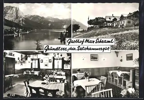 AK Grundlsee /Salzkammergut, Gasthof Max Schraml mit Innenansicht, Blick auf den See