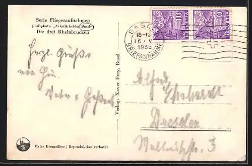 AK Basel, die drei Rheinbrücken, Fliegeraufnahme