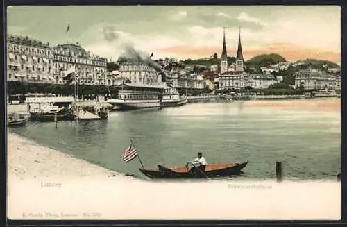 AK Luzern, Ruderboot am Schweizerhofquai, Blick auf die Innenstadt