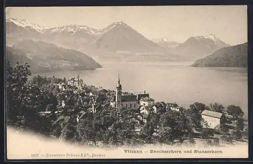 AK Vitznau, Ortspartie mit Kirche, Blick auf den See