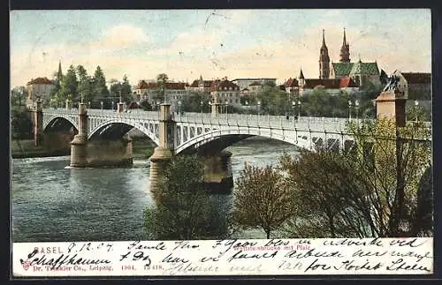 AK Basel, Wettsteinbrücke mit Pfalz