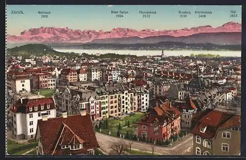 AK Zürich, Innenstadt mit Blick auf die Bergkette von Glärnisch bis Tödi
