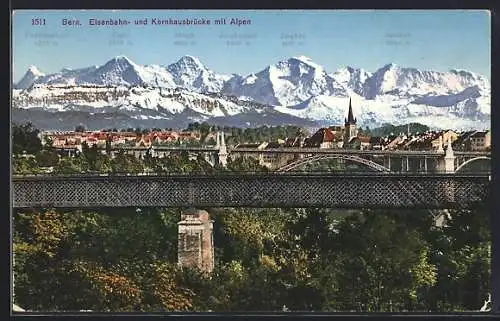 AK Bern, Eisenbahn- und Kornhausbrücke mit Alpen