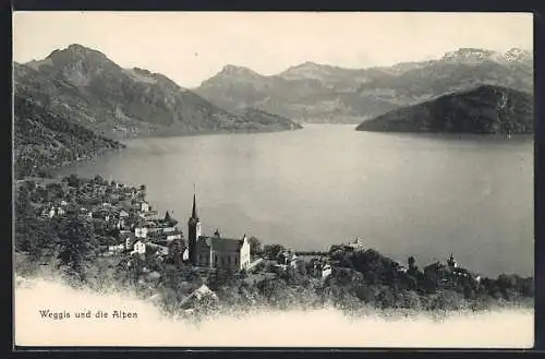 AK Weggis, Ortspartie mit Kirche, Blick auf den See und die Alpen