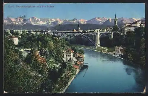 AK Bern, Flusspartie mit Kornhausbrücke und Blick in die Alpen