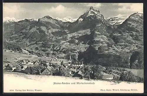 AK Hinter-Amden, Ortsansicht mit Kirche, Mürtschenstock