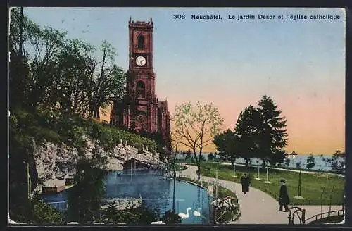 AK Neuchatel, Le jardin Desor et l`eglise catholique