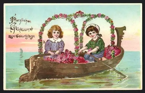 Präge-AK Zwei Kinder in einem Ruderboot mit Blumenschmuck, Geburtstagsgruss