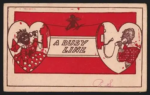 AK Zwei Menschen sprechen übers Telefon, Amor sitzt auf der Leitung