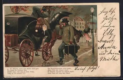 Lithographie Mann steigt bei Regen in eine Kutsche ein