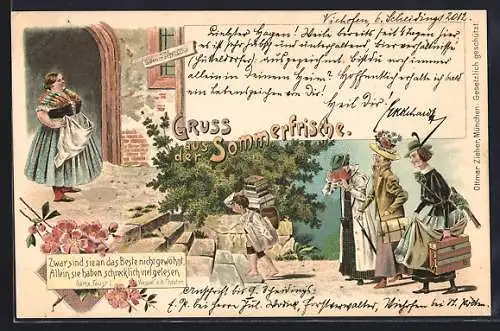Lithographie Drei Frauen reisen in die Sommerfrische