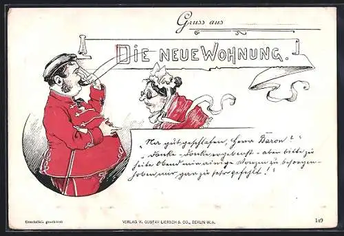 AK Mann in Uniform mit langem Schnurrbart und Frau mit Brille, Die neue Wohnung