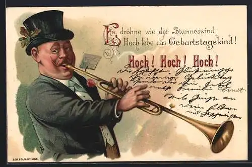 Lithographie Mann spielt Blasinstrument, Geburtstagswünsche