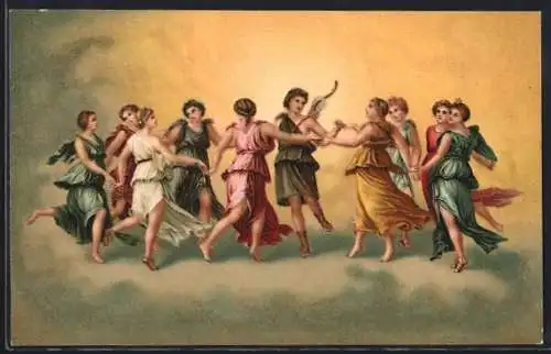 Künstler-AK sign. Giulio Romano: Musenreigen, Tanzende Frauen auf einer Wolke