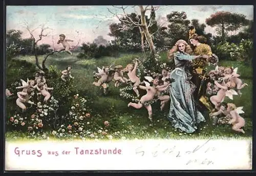 Lithographie Tanzendes Paar mit Engeln auf einer Blumenwiese