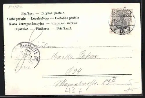 Lithographie Tanzendes Paar mit Engeln auf einer Blumenwiese