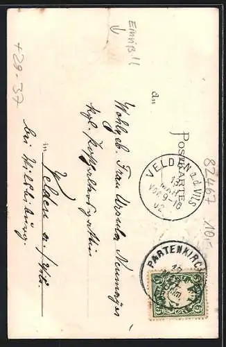 Passepartout-Lithographie Partenkirchen, Ortsansicht mit Wetterstein und Dreithorspitze, Wappen