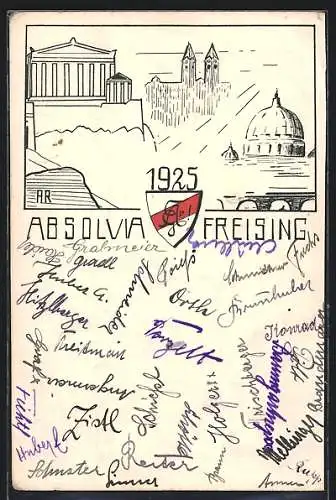Künstler-AK Freising, Absolvia 1925, Studentenwappen, Dom