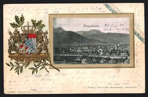 Passepartout-Lithographie Rosenheim, Ortsansicht gegen die Alpen, Wappen