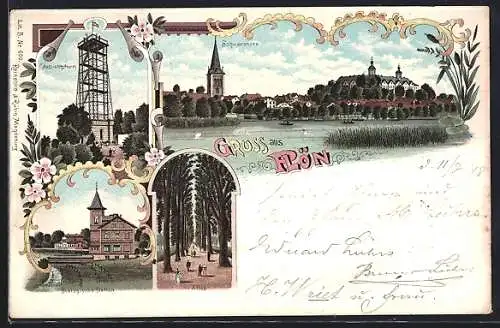 Lithographie Plön, Biologische Station, Aussichtsturm, Allee