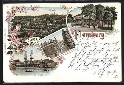 Lithographie Flensburg, Rathhausstrasse, Bad Wassersleben, Dampfschiffpavillon, Rahmen, Blumen