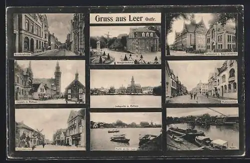 AK Leer /Ostfr., Brunnenstrasse, Mühlenstrasse, Gymnasium und Baptistenkirche